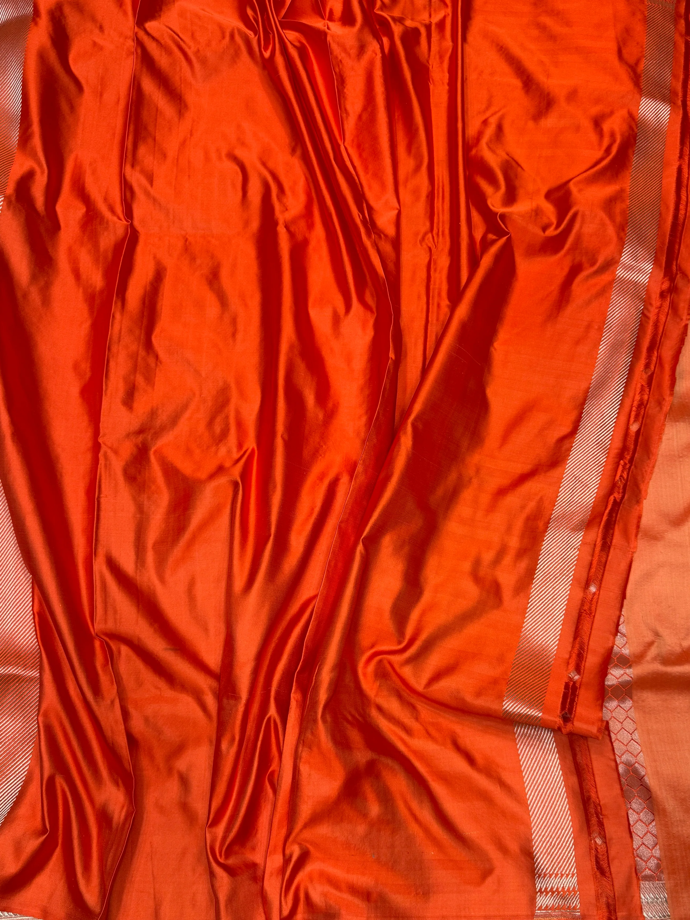 Orange Handwoven Pure Banarasi Satin Tanchoi Silk Saree - Image 2