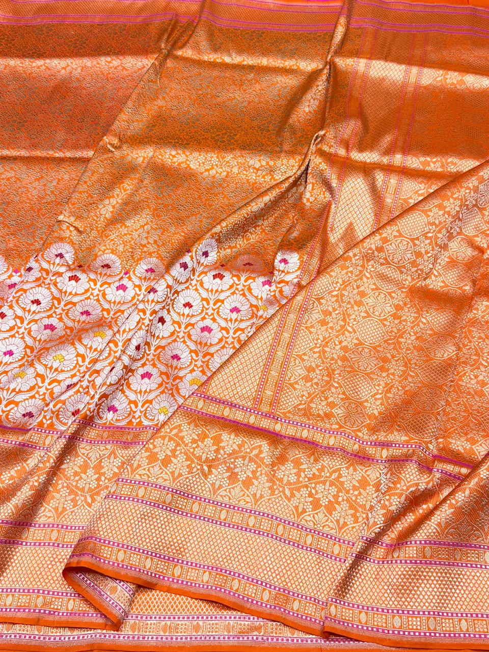 Orange Handwoven Pure Banarasi Silk Saree - Image 2