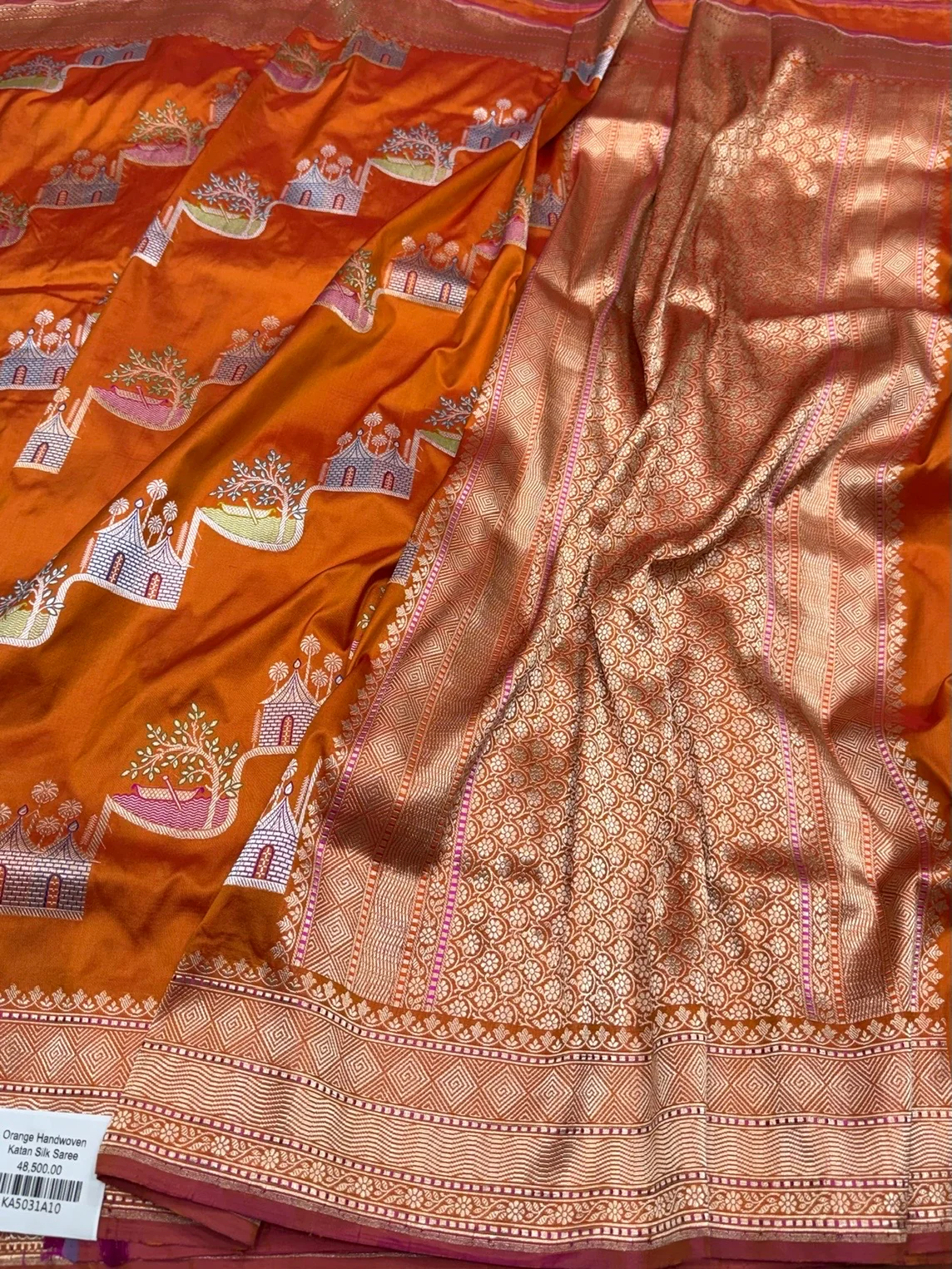 Orange Handwoven Pure Banarasi Silk Saree in Kadwa Weave - Image 3