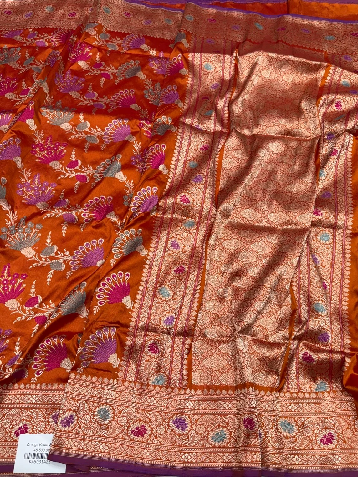Orange Handwoven Pure Banarasi Silk Saree in Kadwa Weave - Image 3