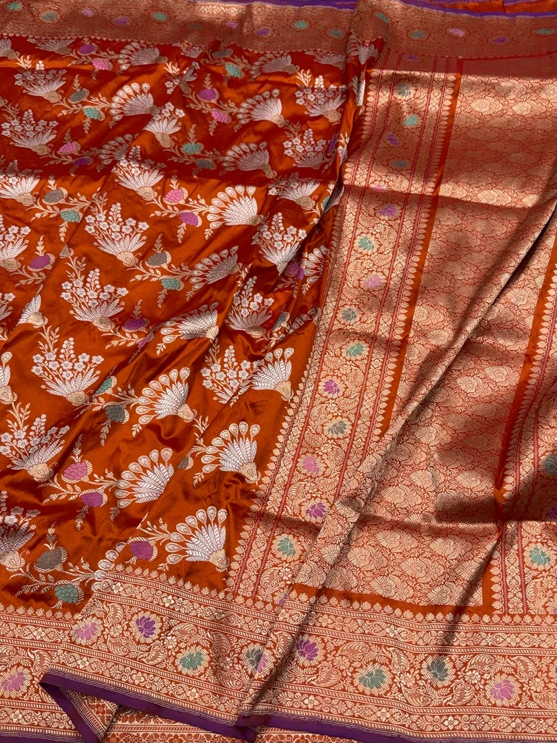 Orange Handwoven Pure Banarasi Silk Saree in Kadwa Weave | Authentic Katan Mulberry Silk - Image 3