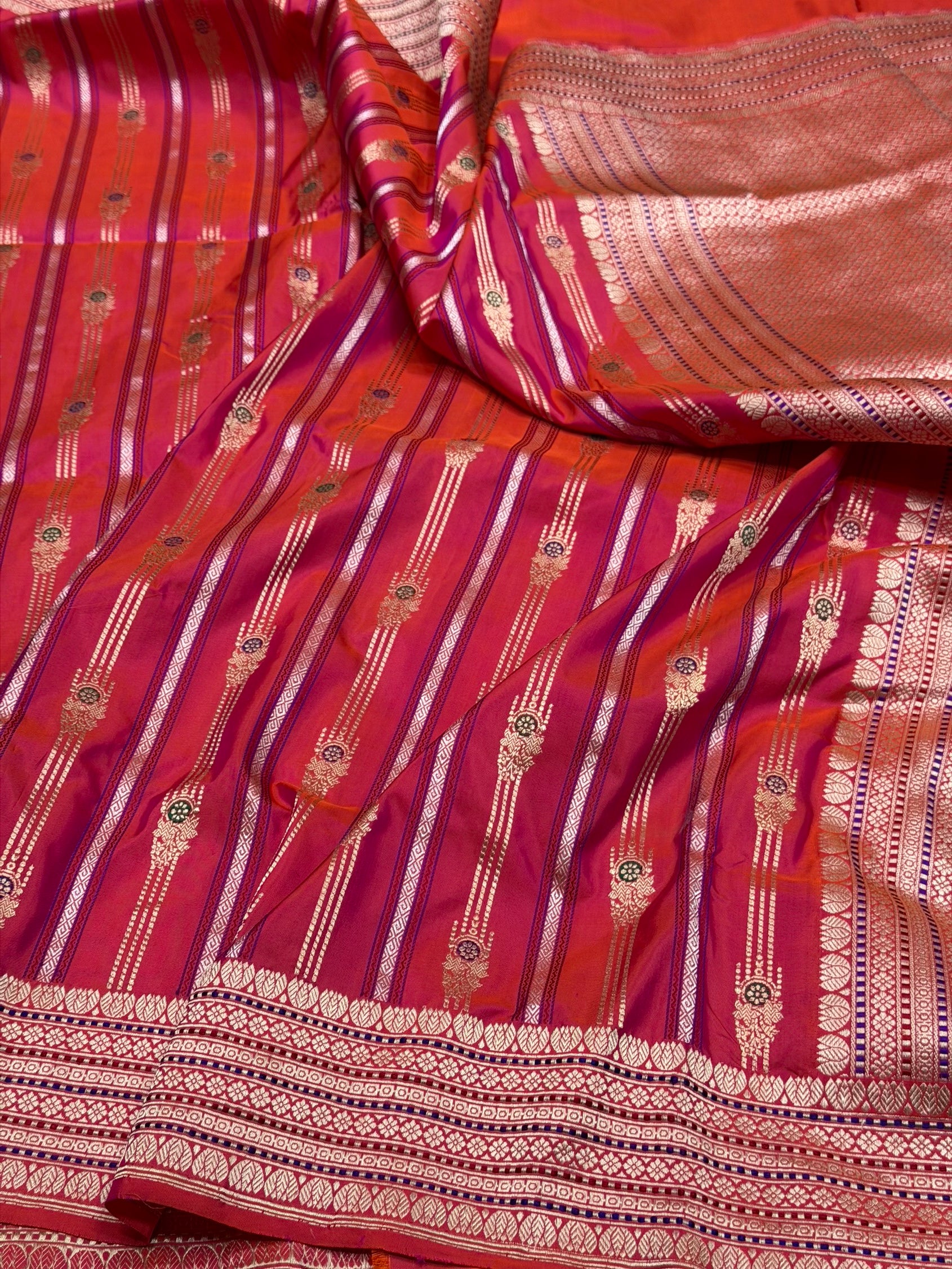 Orangish Pink Handwoven Pure Banarasi Silk Saree – Kadwa Katan Mulberry Silk | Authentic Banaras Handloom