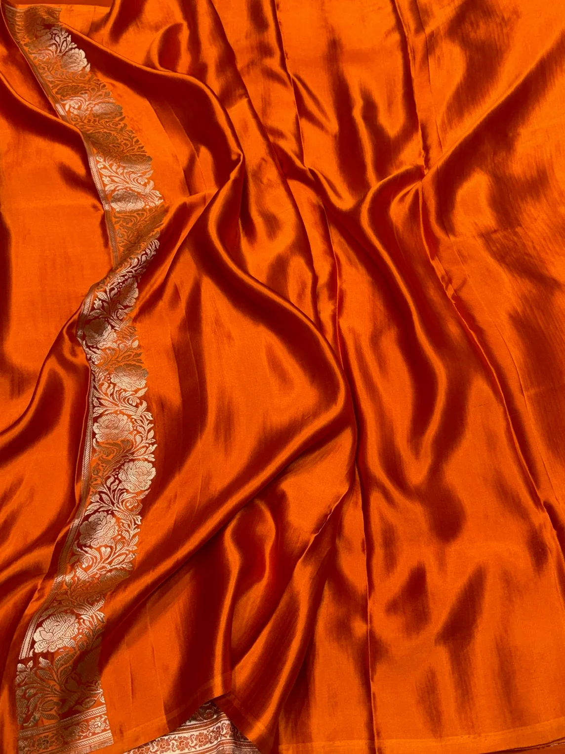 Orange Handwoven Pure Mashru Banarasi Satin Silk Saree - Image 2