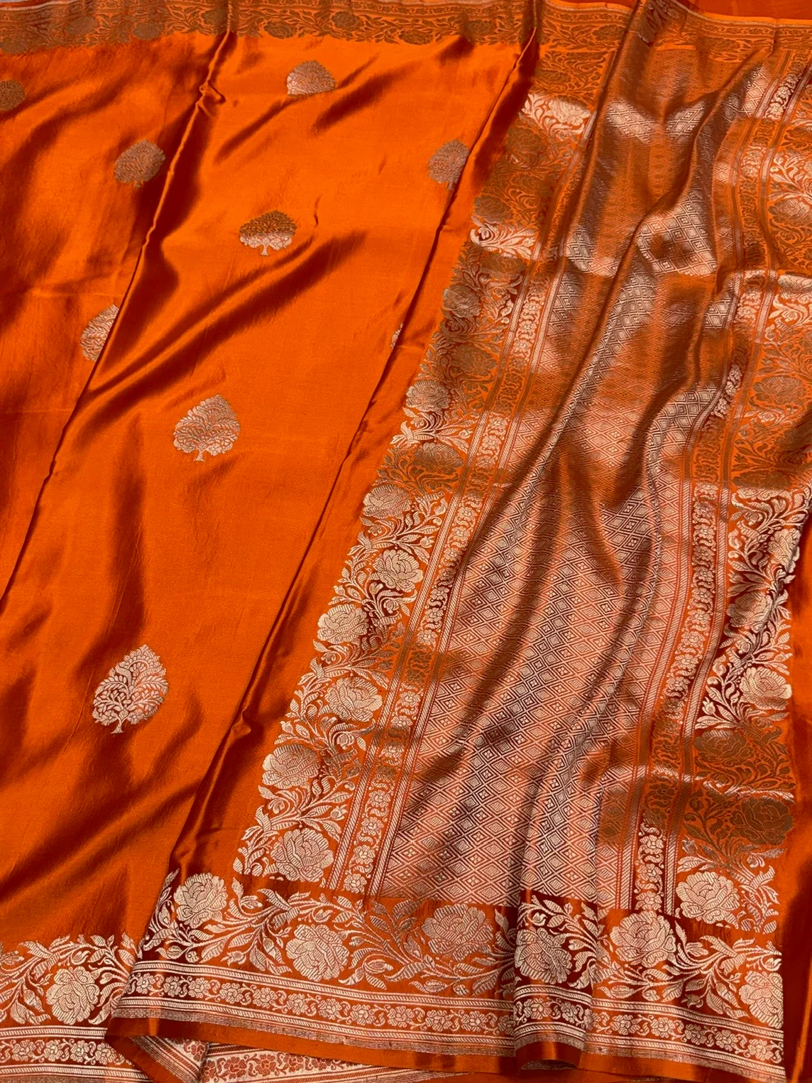 Orange Handwoven Pure Mashru Banarasi Satin Silk Saree - Image 3