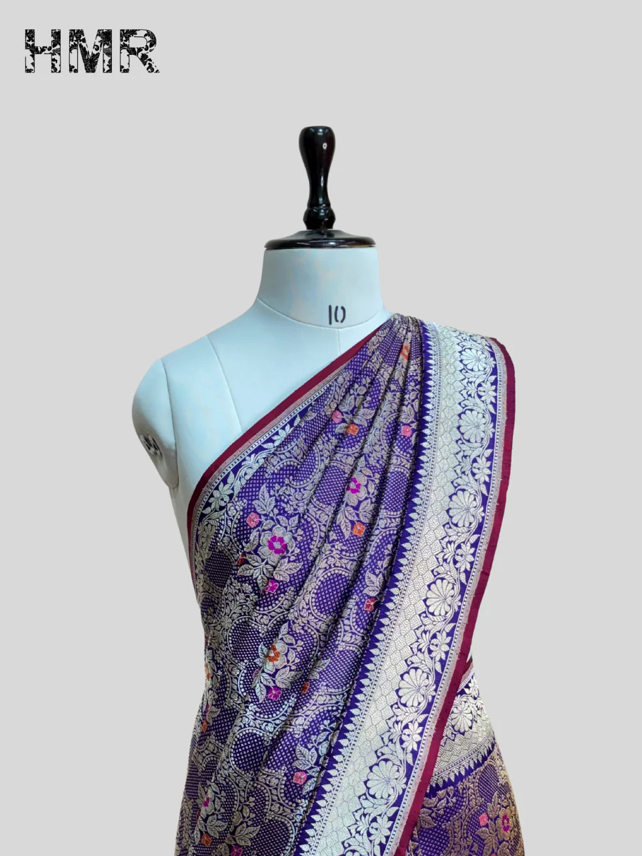 Purple Handwoven Pure Banarasi Silk Brocade Saree - Image 3