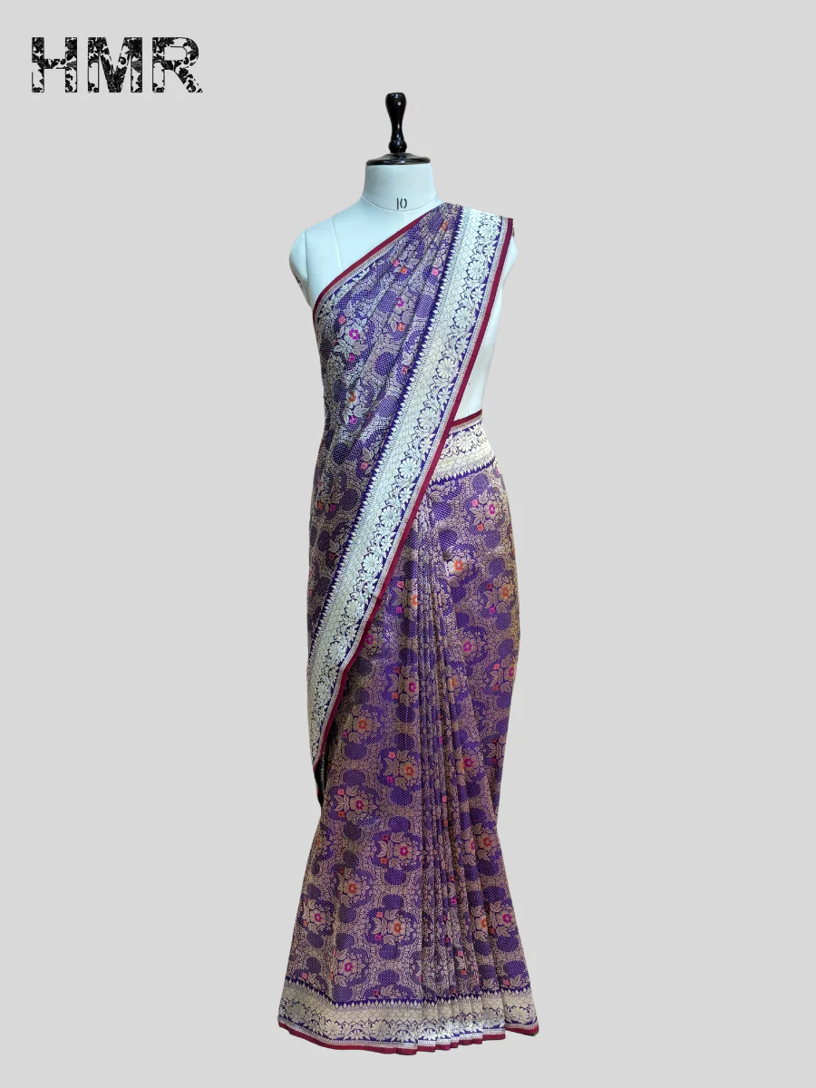 Purple Handwoven Pure Banarasi Silk Brocade Saree - Image 4