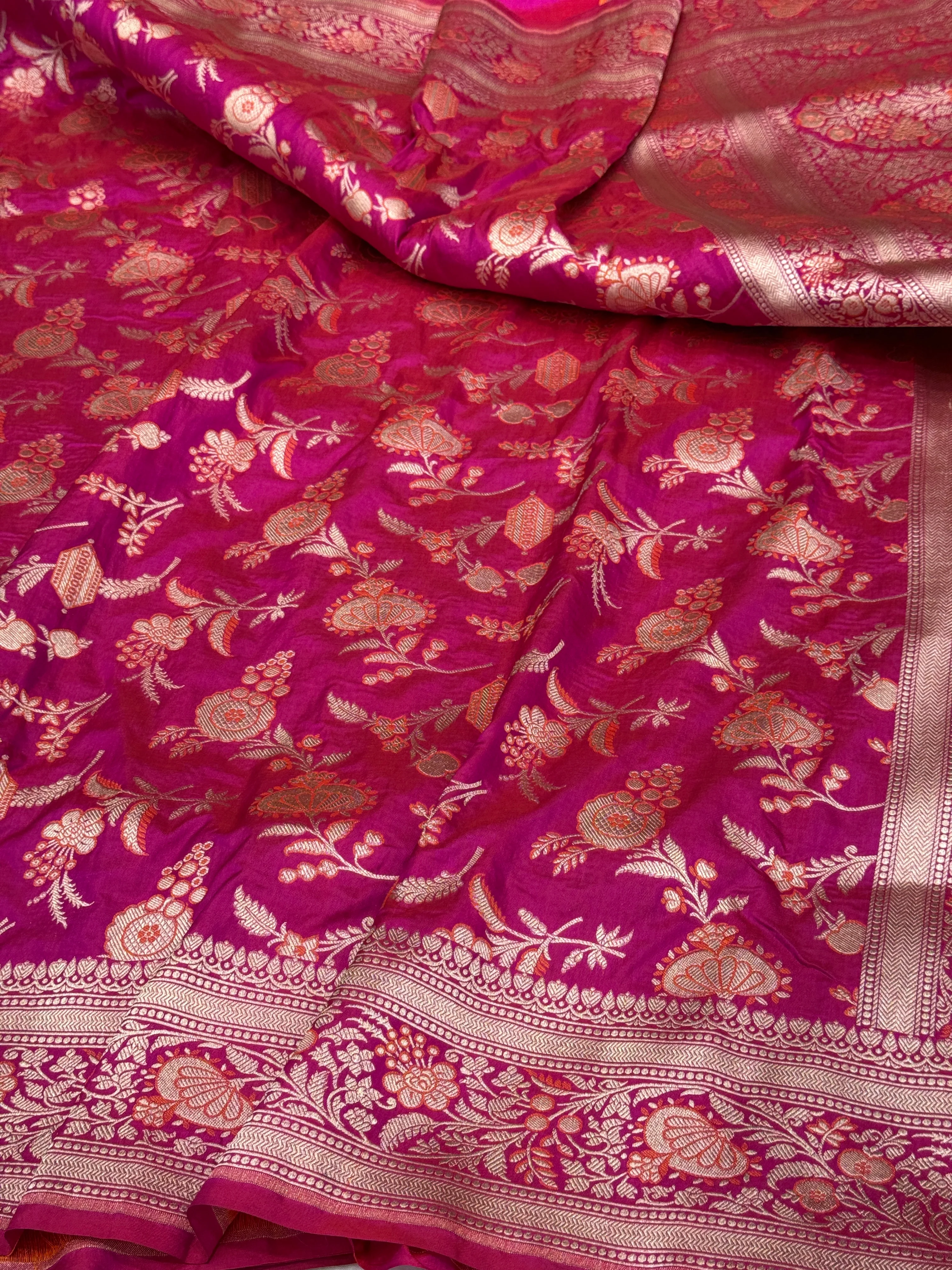 Rani Pink Banarasi Minakari Pure Katan Silk Saree | Pure Silk | Minakari Work | Cutwork Technique | Banarasi Katan Silk Saree