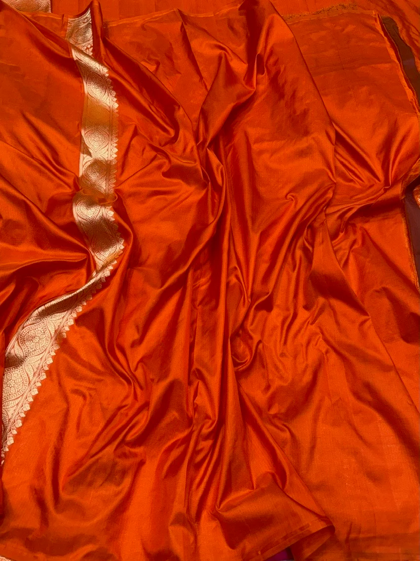 Orange Pure Banarasi Silk Brocade Saree - Image 2