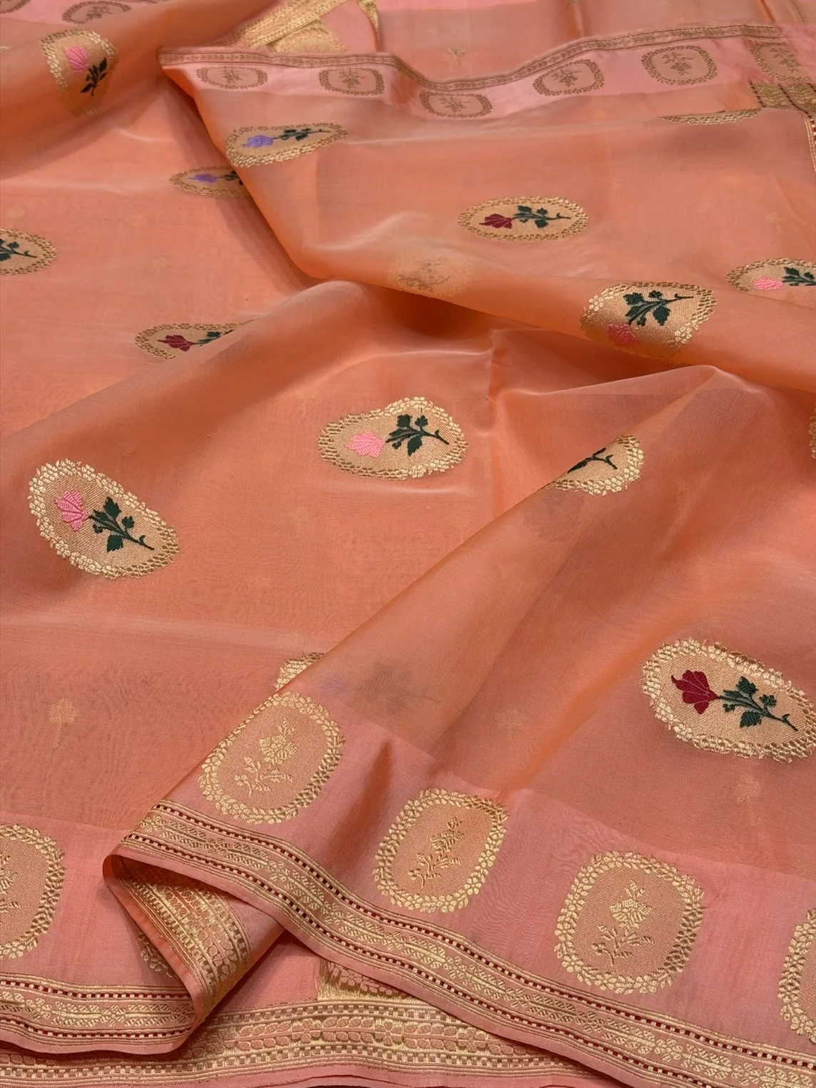 Peach Handwoven Pure Banarasi Organza Silk Saree – Kadwa Weave in Kora Mulberry Silk