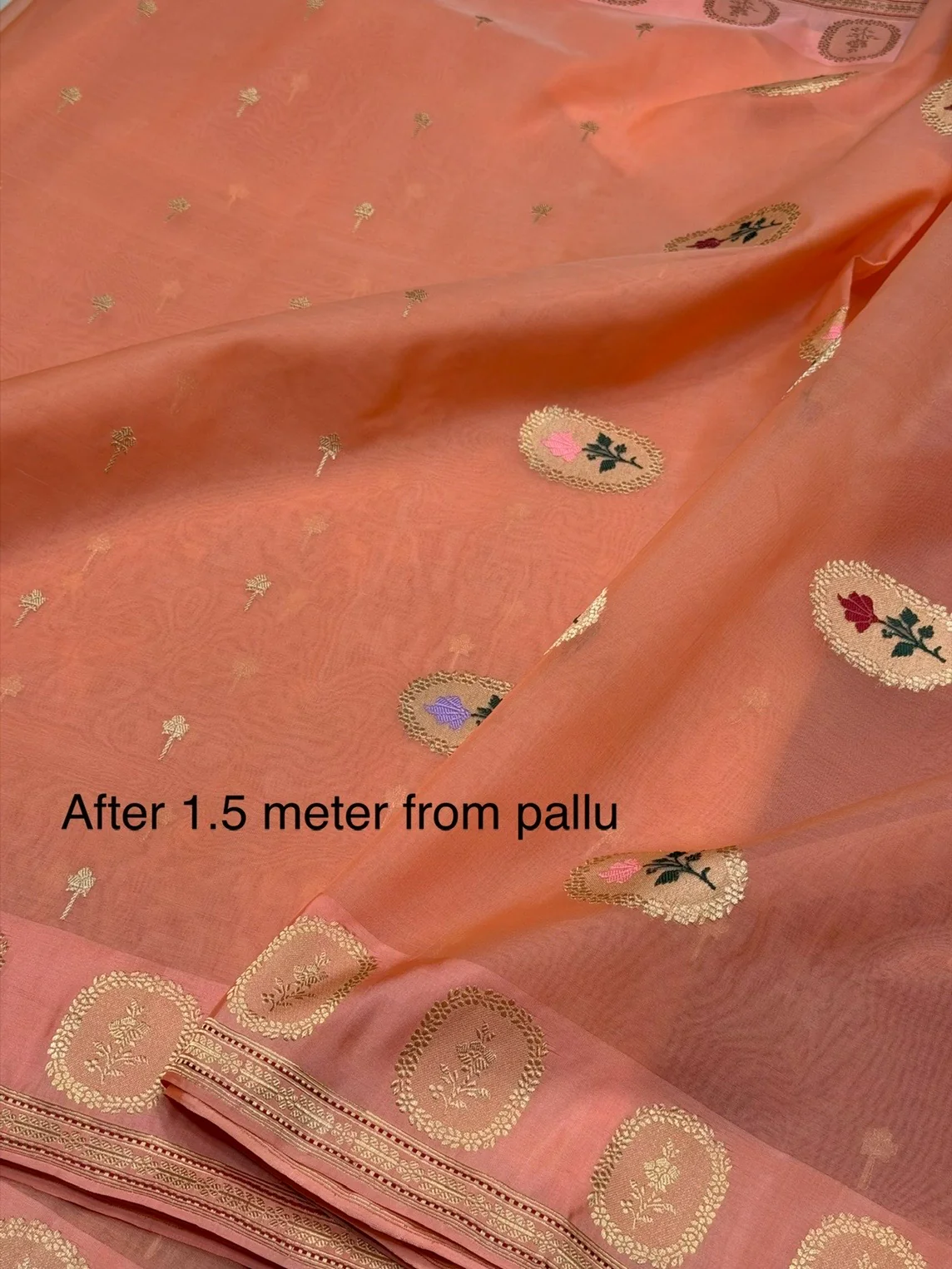 Peach Handwoven Pure Banarasi Organza Silk Saree – Kadwa Weave in Kora Mulberry Silk - Image 2