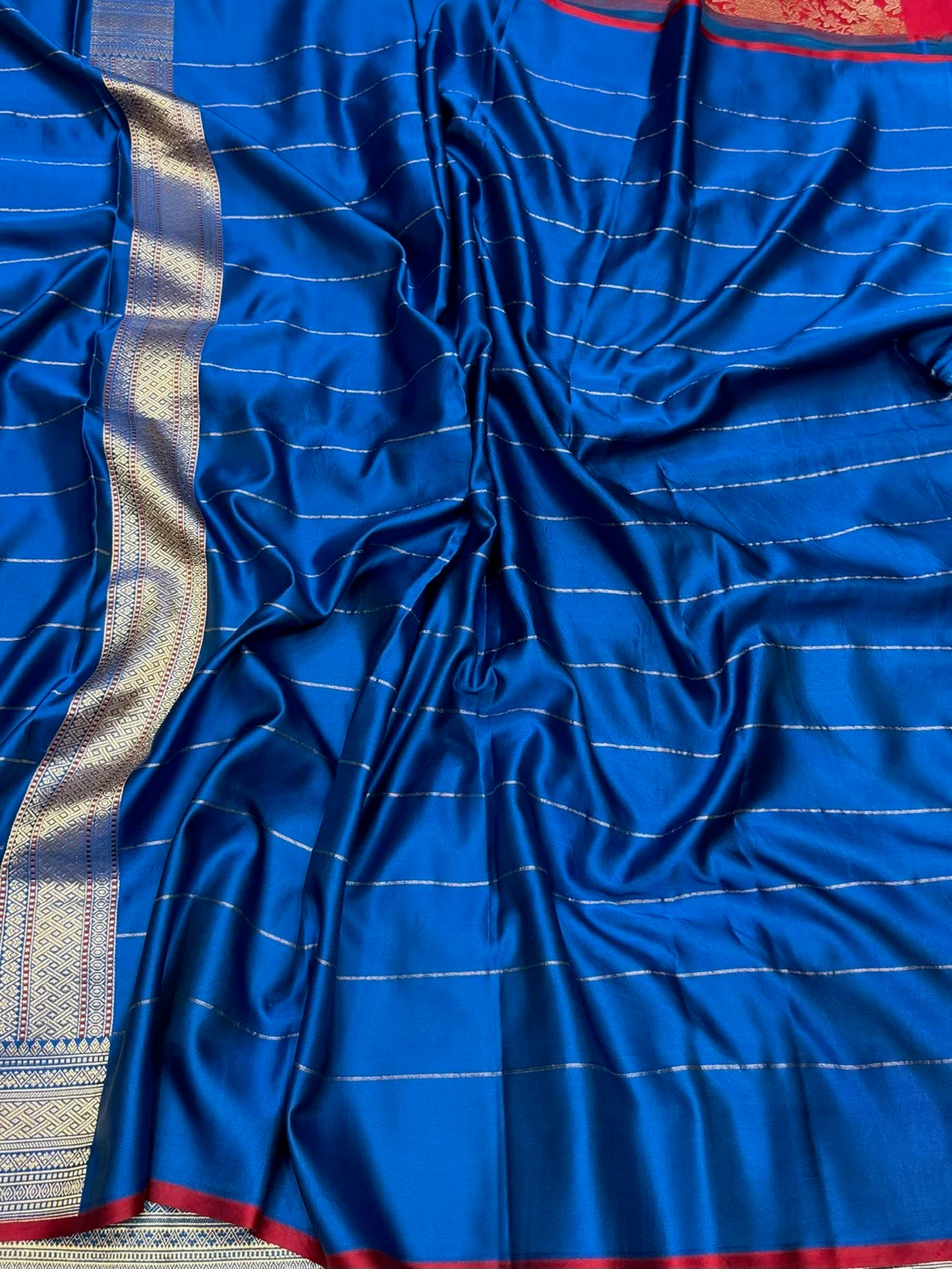 Peacock Blue Handwoven Pure Banarasi Satin Silk Saree - Image 2