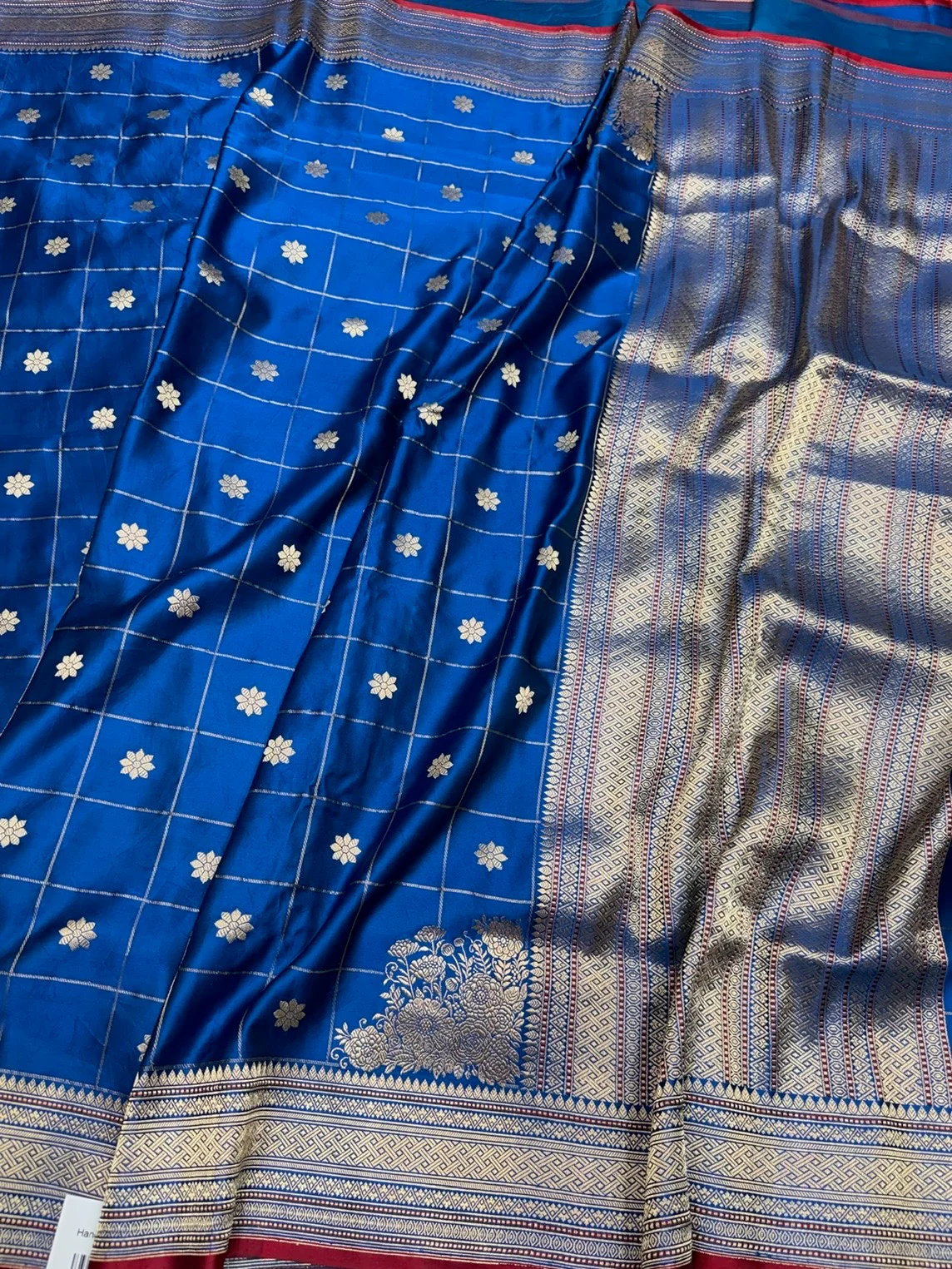 Peacock Blue Handwoven Pure Banarasi Satin Silk Saree - Image 3