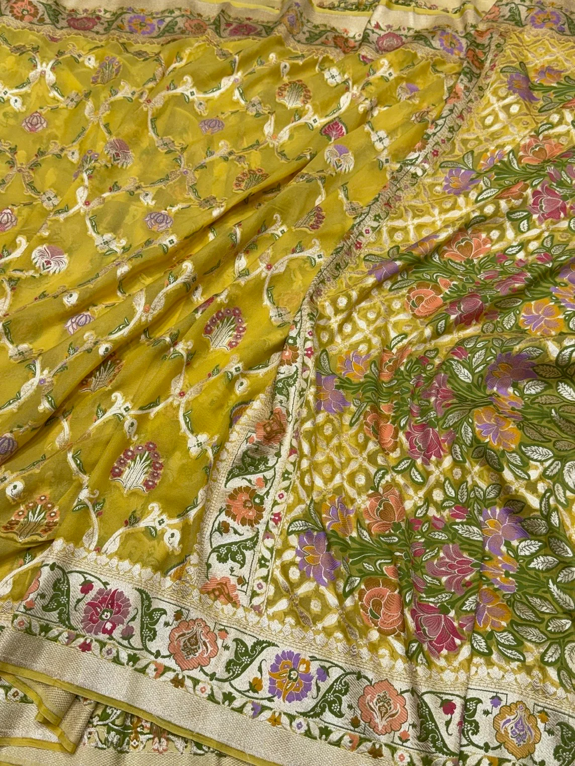 Yellow Pure Banarasi Chiffon Georgette Saree - Image 2