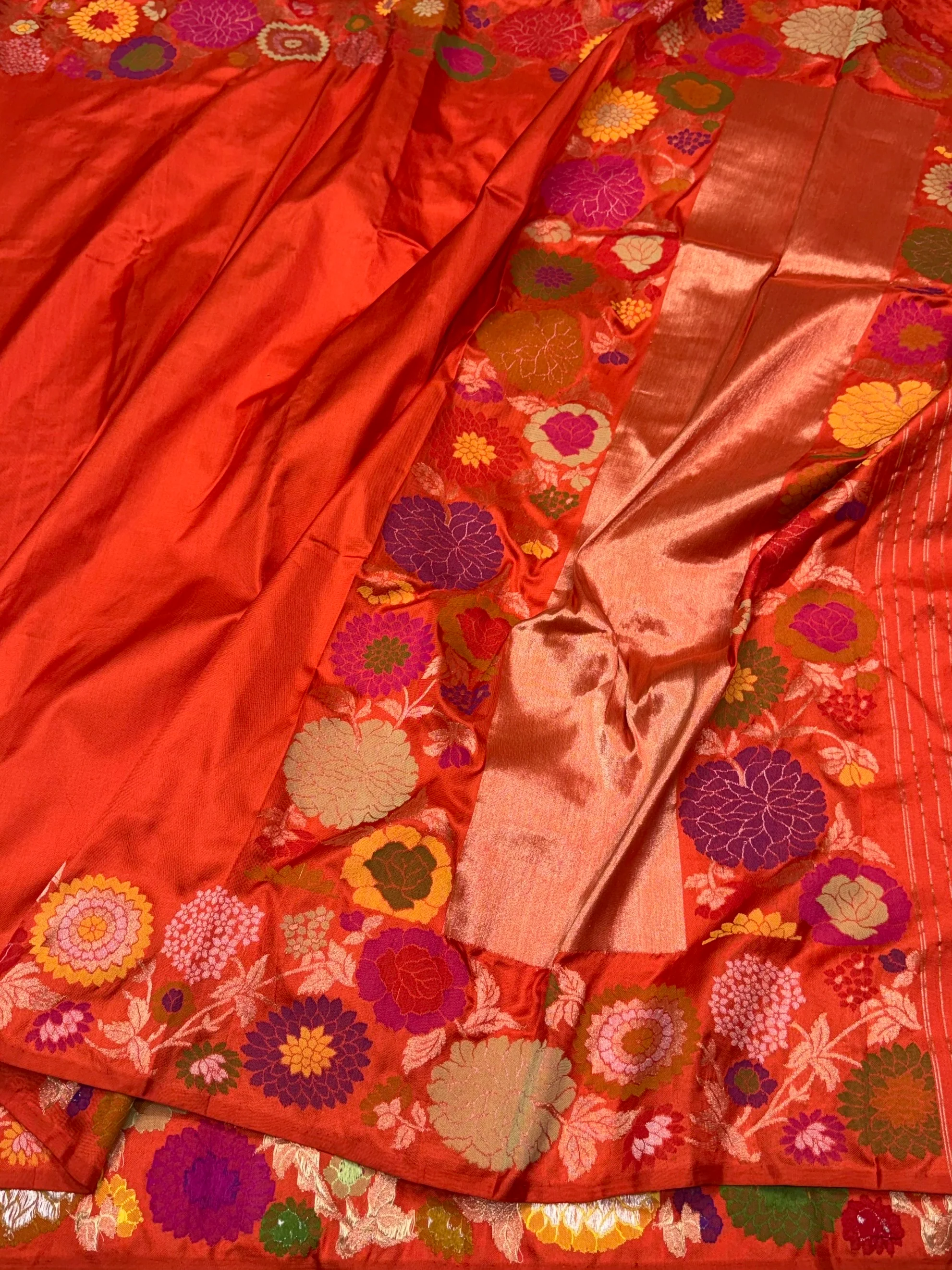 Orange Pure Banarasi Ektara Silk Saree – Handwoven Kadwa Booti - Image 3