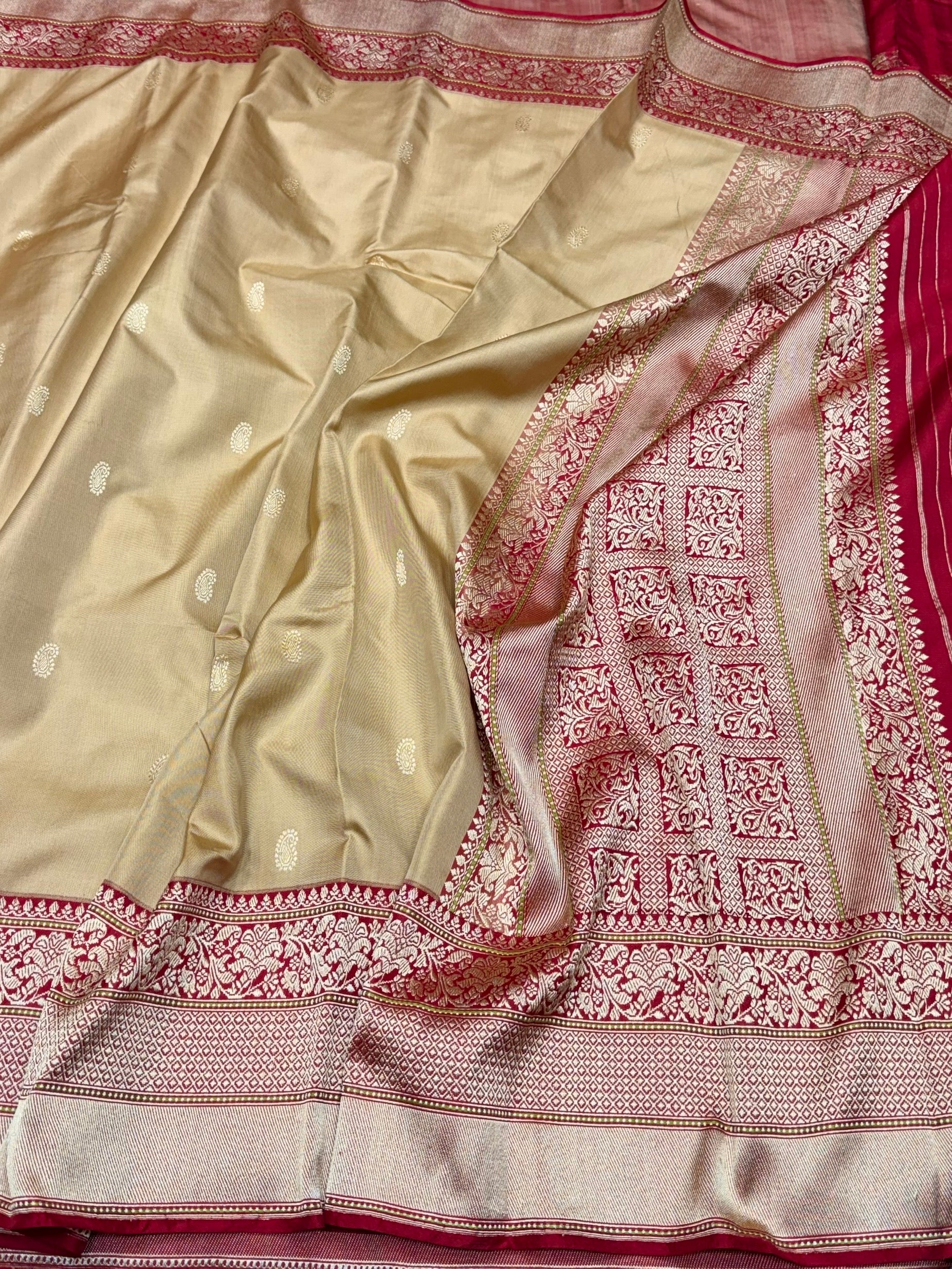 Beige Pure Banarasi Katan Ektara Silk Saree – Handwoven Kadwa Booti - Image 2