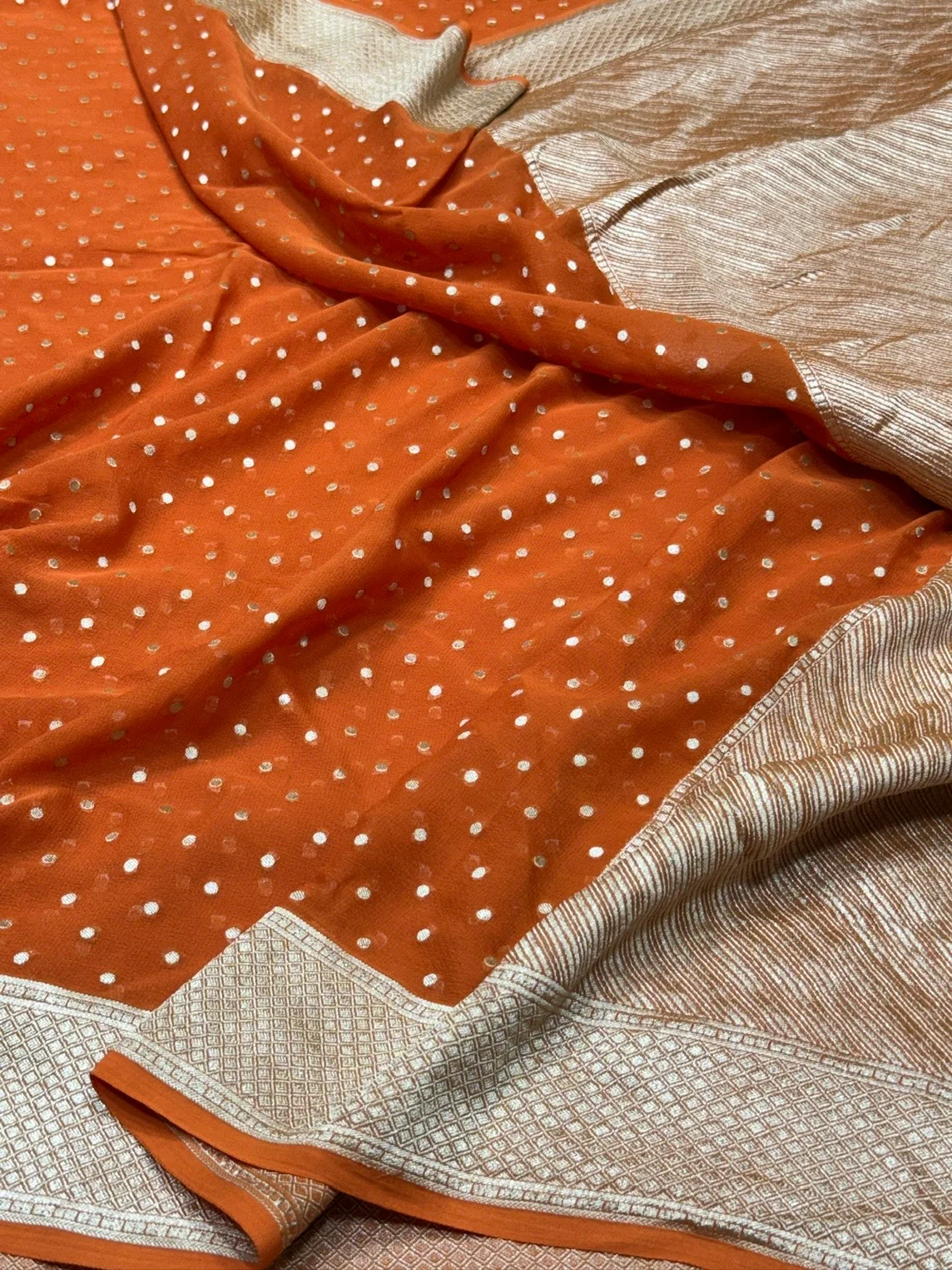 Orange Banarasi Pure Chiffon Georgette Saree – Luxury Cutwork Brocade Wedding & Festive Saree