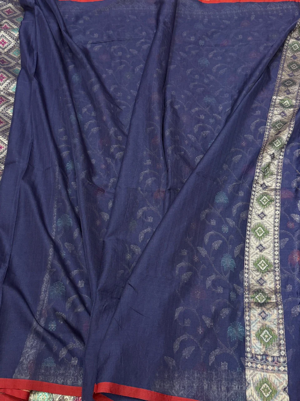 Navy Blue Pure Muslin Cotton Jamdani Saree - Image 3