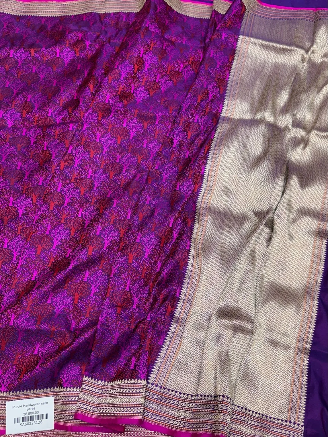 Purple Handwoven Pure Banarasi Satin Tanchoi Silk Saree - Image 3