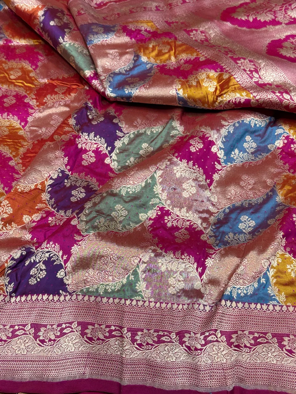 Multicolour Banarasi Pure Silk Saree – Cutwork Weave in 100% Pure Katan Silk - Image 7