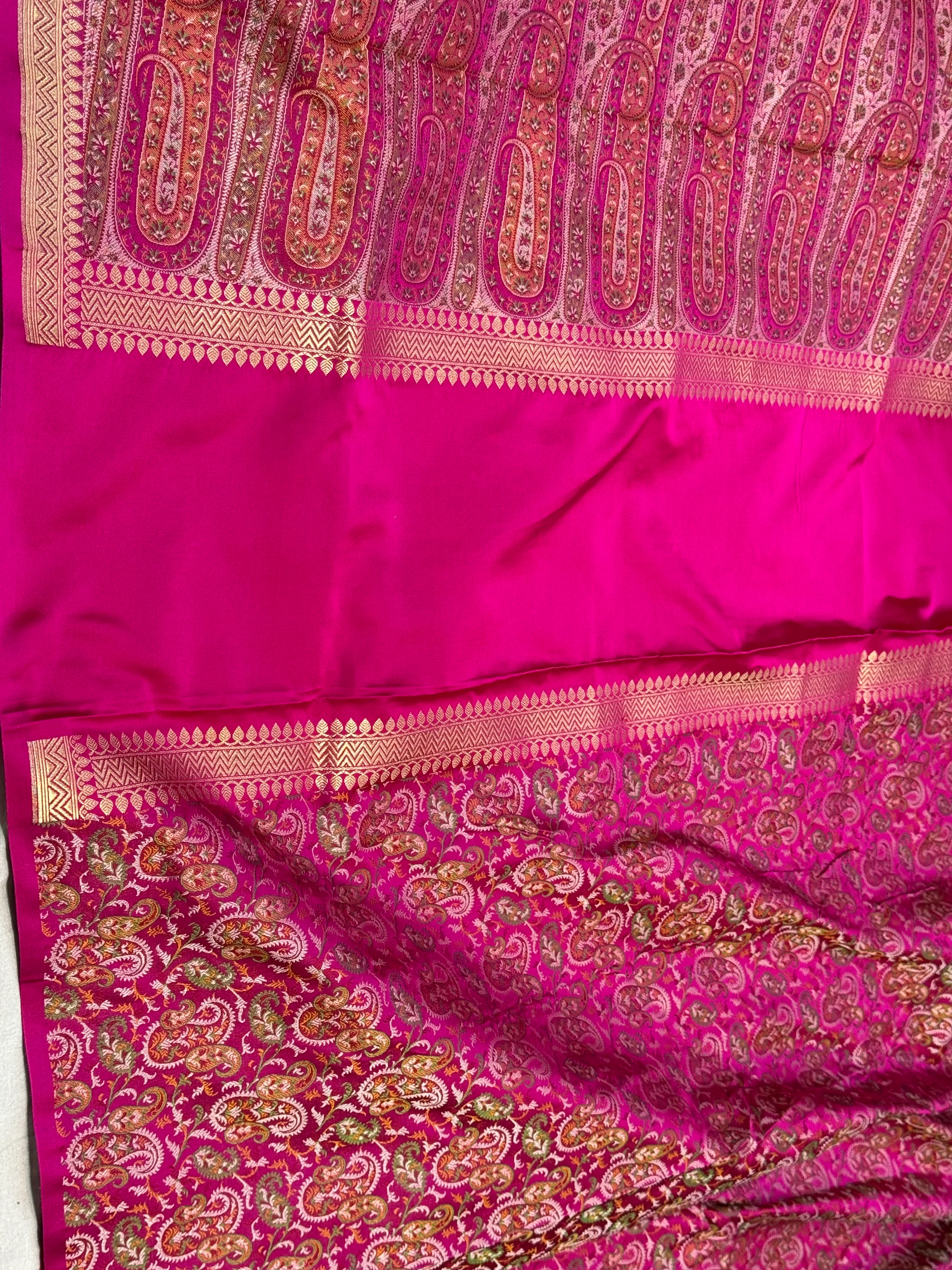 Rani Pink Jamawar Handwoven Pure Banarasi Satin Silk Saree – Kadwa Weave, Pure Satin Silk - Image 2