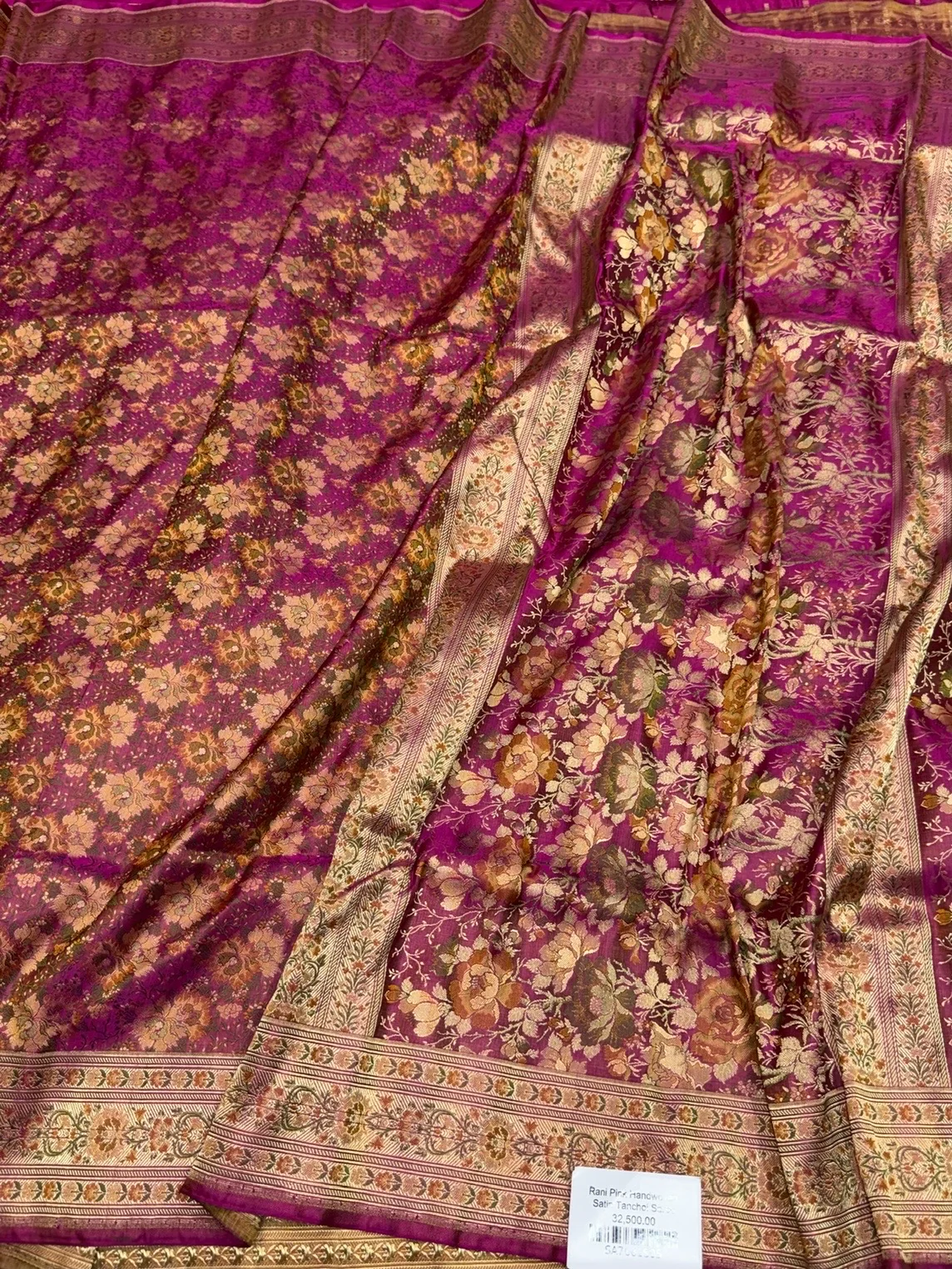 Rani Pink Handwoven Pure Banarasi Satin Tanchoi Silk Saree - Image 3
