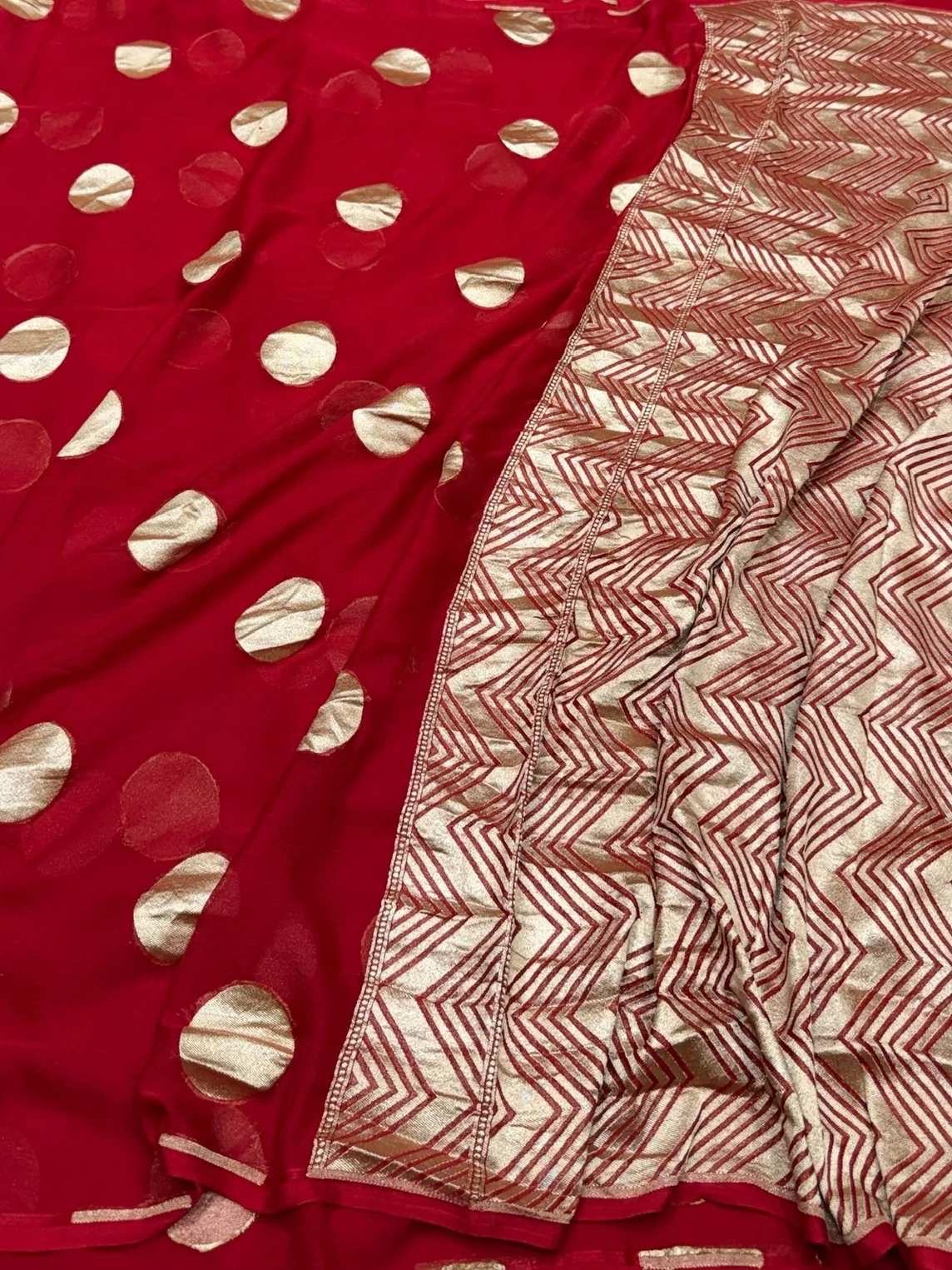 Red Banarasi Pure Chiffon Georgette Saree – Luxury Cutwork Brocade Festive Saree - Image 3