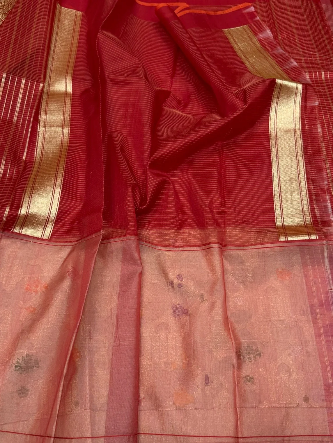 Red Handwoven Pure Organza Tussar Border Saree - Image 2