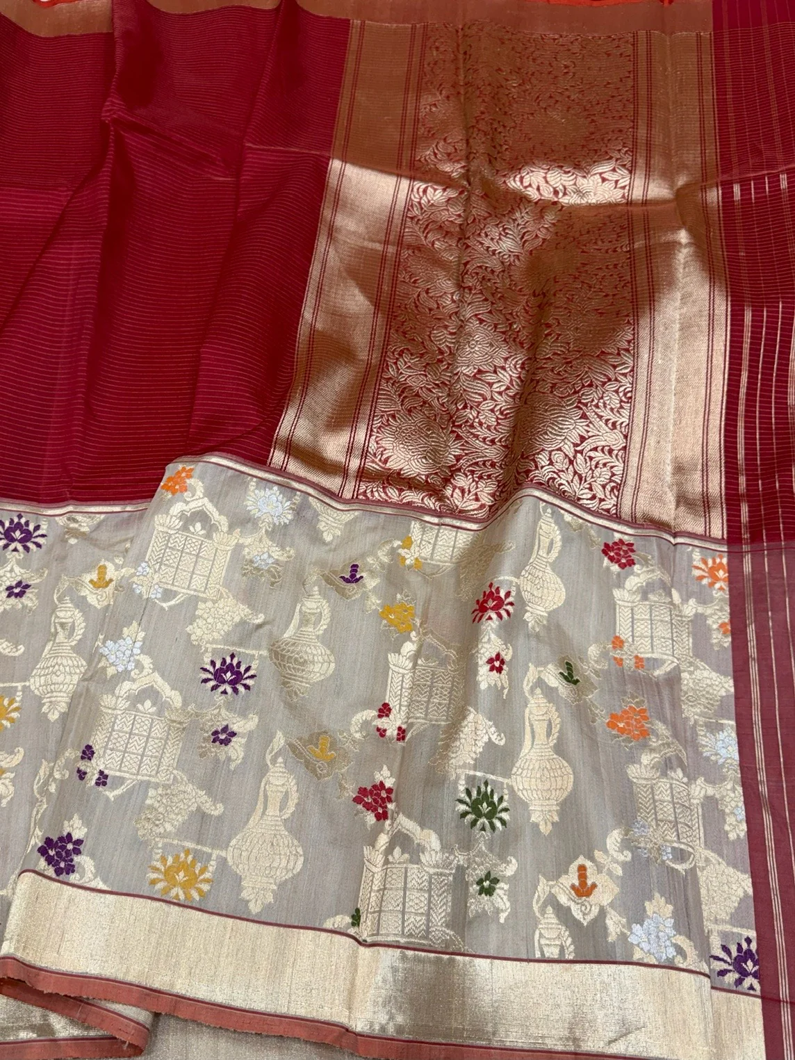 Red Handwoven Pure Organza Tussar Border Saree - Image 3
