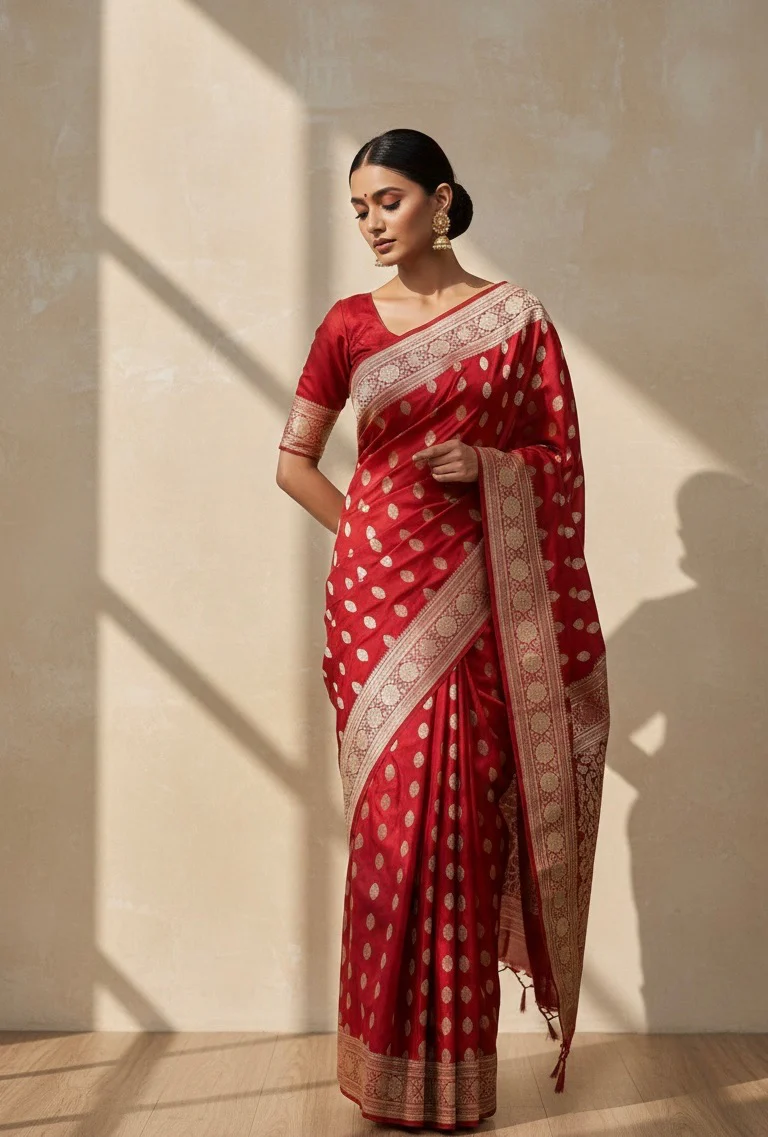 Red Handwoven Vintage Pure Banarasi Satin Silk Saree – Cutwork Weave, Pure Satin Silk - Image 2