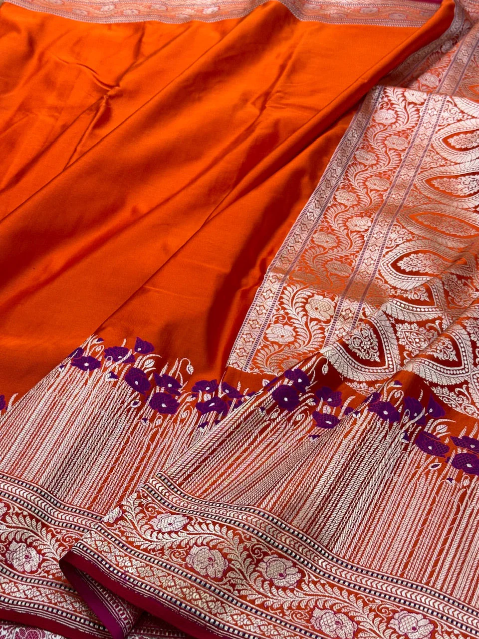 Handwoven Pure Banarasi Satin Silk Saree – Kadwa Weave | 100% Pure Satin Silk | Authentic Banaras Handloom - Image 9