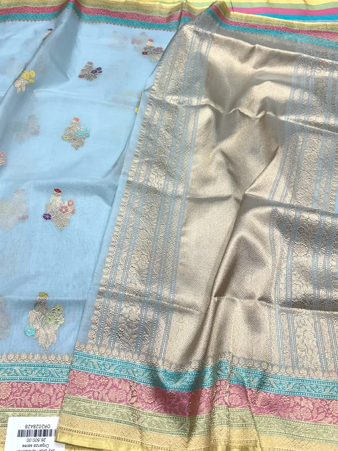 Sky Blue Handwoven Banarasi Pure Organza Silk Saree - Image 3