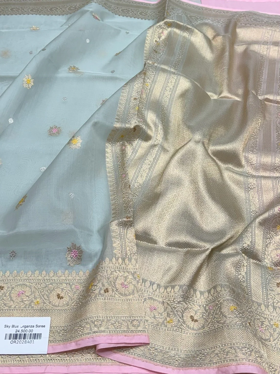 Sky Blue Handwoven Banarasi Pure Organza Silk Saree - Image 3