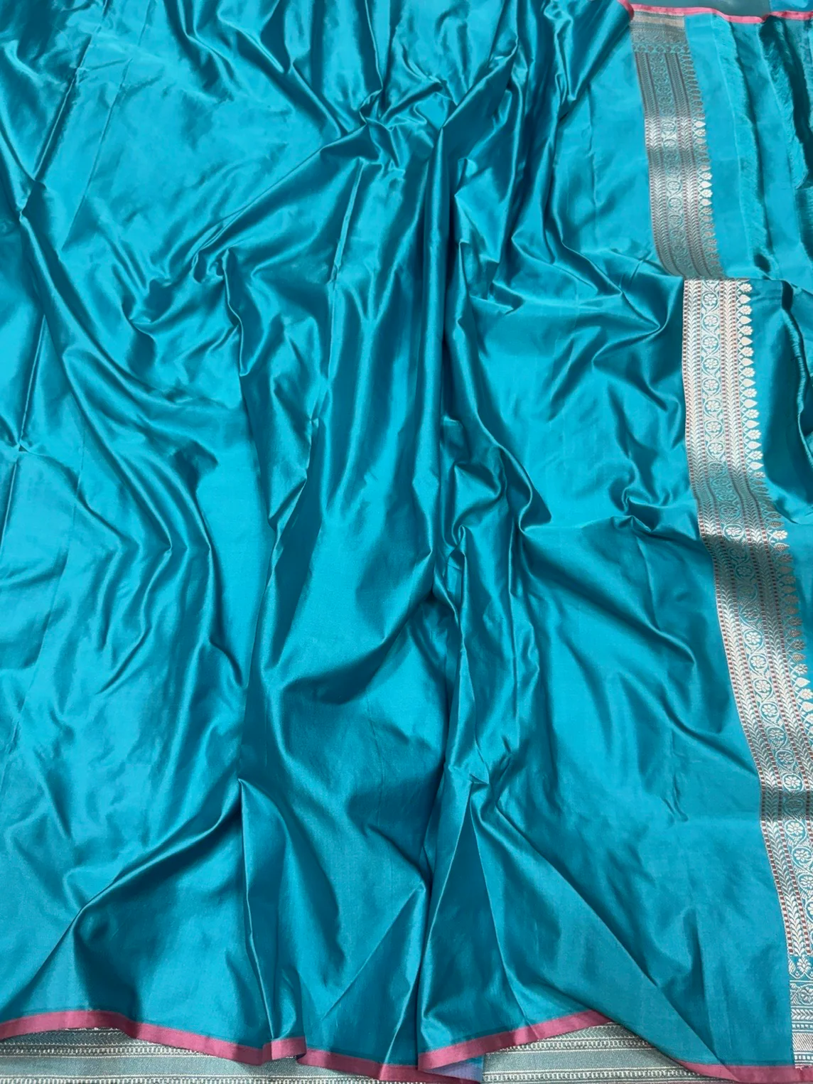 Sky Blue Handwoven Pure Banarasi Satin Silk Saree - Image 2