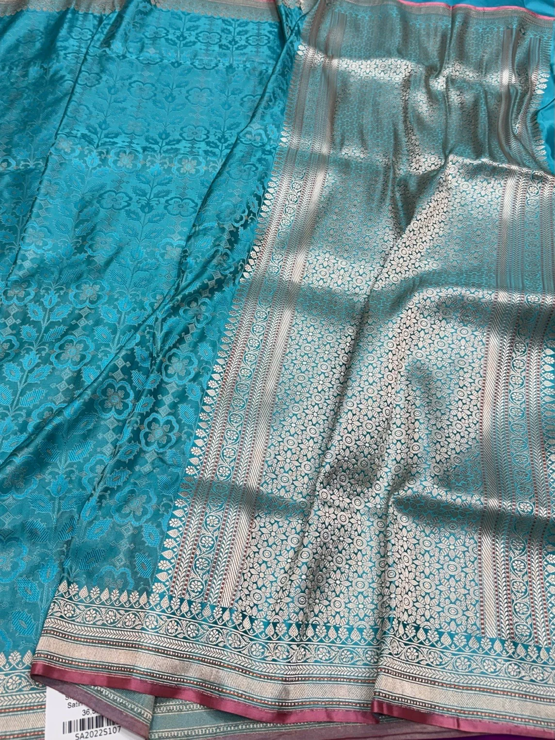 Sky Blue Handwoven Pure Banarasi Satin Silk Saree - Image 3