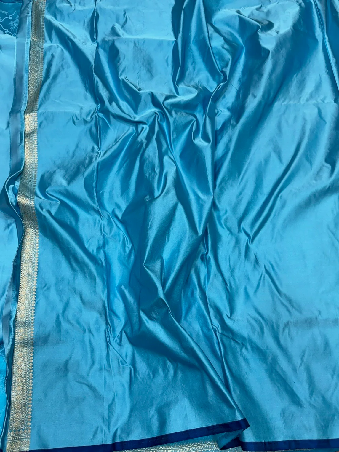 Sky Blue Handwoven Pure Banarasi Satin Tanchoi Silk Saree – Kadwa Weave | Authentic Banaras Handloom - Image 2