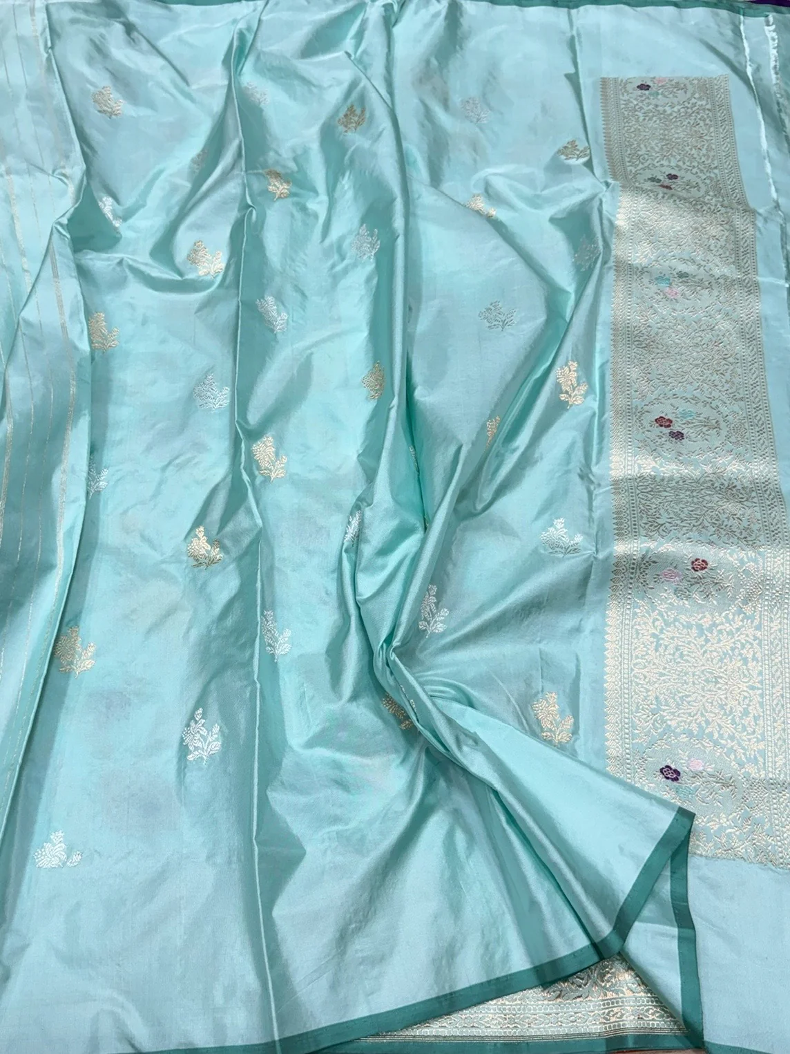 Sky Blue Handwoven Pure Banarasi Silk Saree – Luxury Kadwa Handloom Wedding & Festive Saree - Image 2